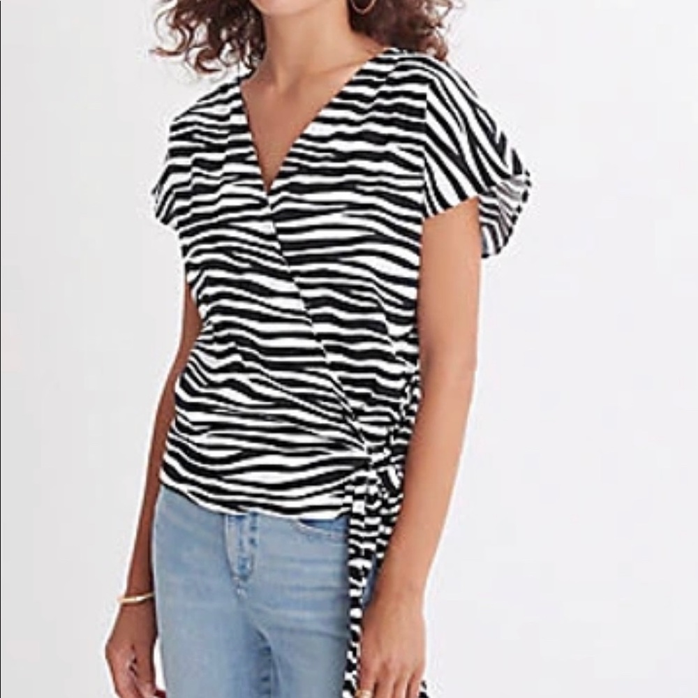 Ann Taylor Black and White Flutter Sleeve Wrap Blouse